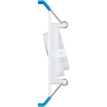 Seen on edge, the IC Rated Slim Gimbal with flexible optic is shown here without the included junction box and cabling. You can clearly note the spring clips that hold this thin profile ceiling light in position. The gimbal is adjustable to aim the light where you need it. Choose color temperature from 5 selections of white light with the slider on the junction box (not pictured here). This 3-inch wide downlight is quickly installed in the ceiling and offers instant on, dimmable downlight.